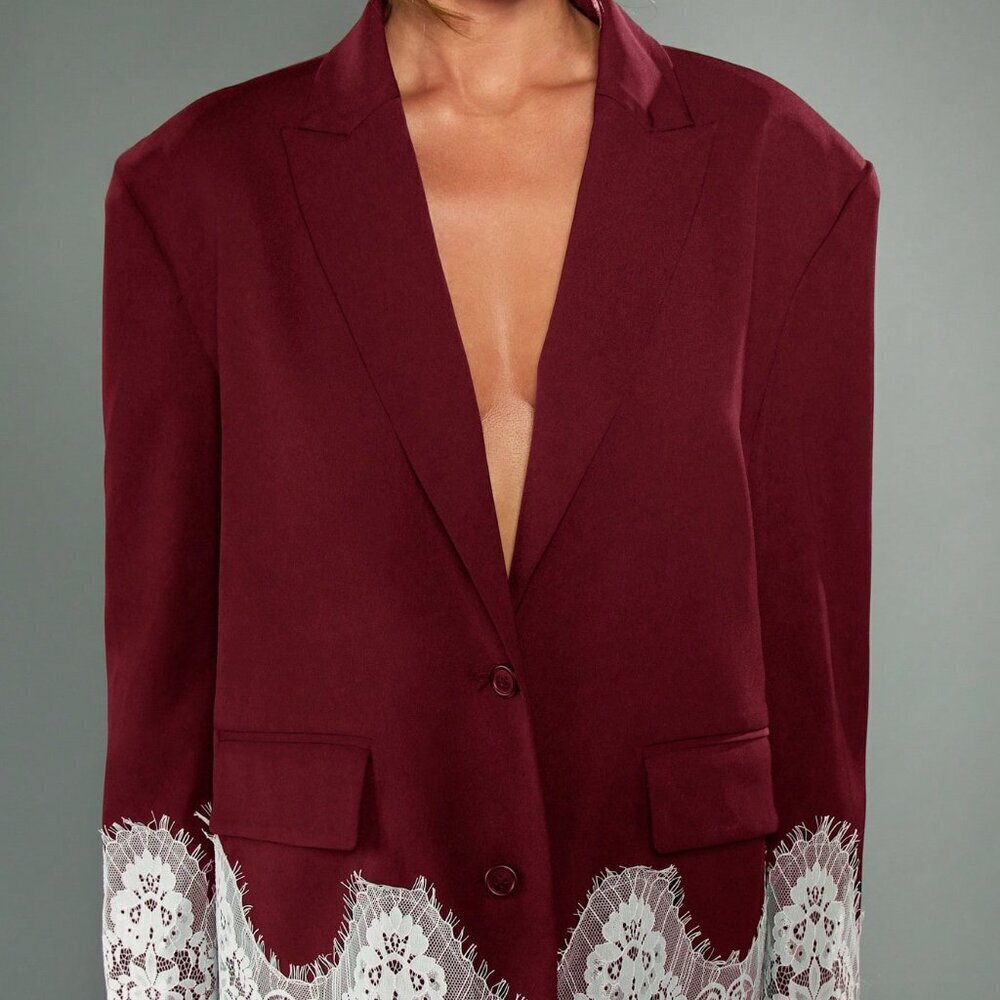 Burgundy Elegant Women's Boxy Fit Lace Trim Blazer - Picture 6 of 6